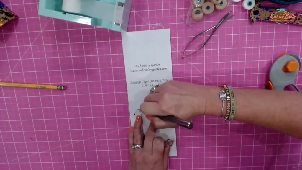 Preparing for tagging for in the hoop luggage tag